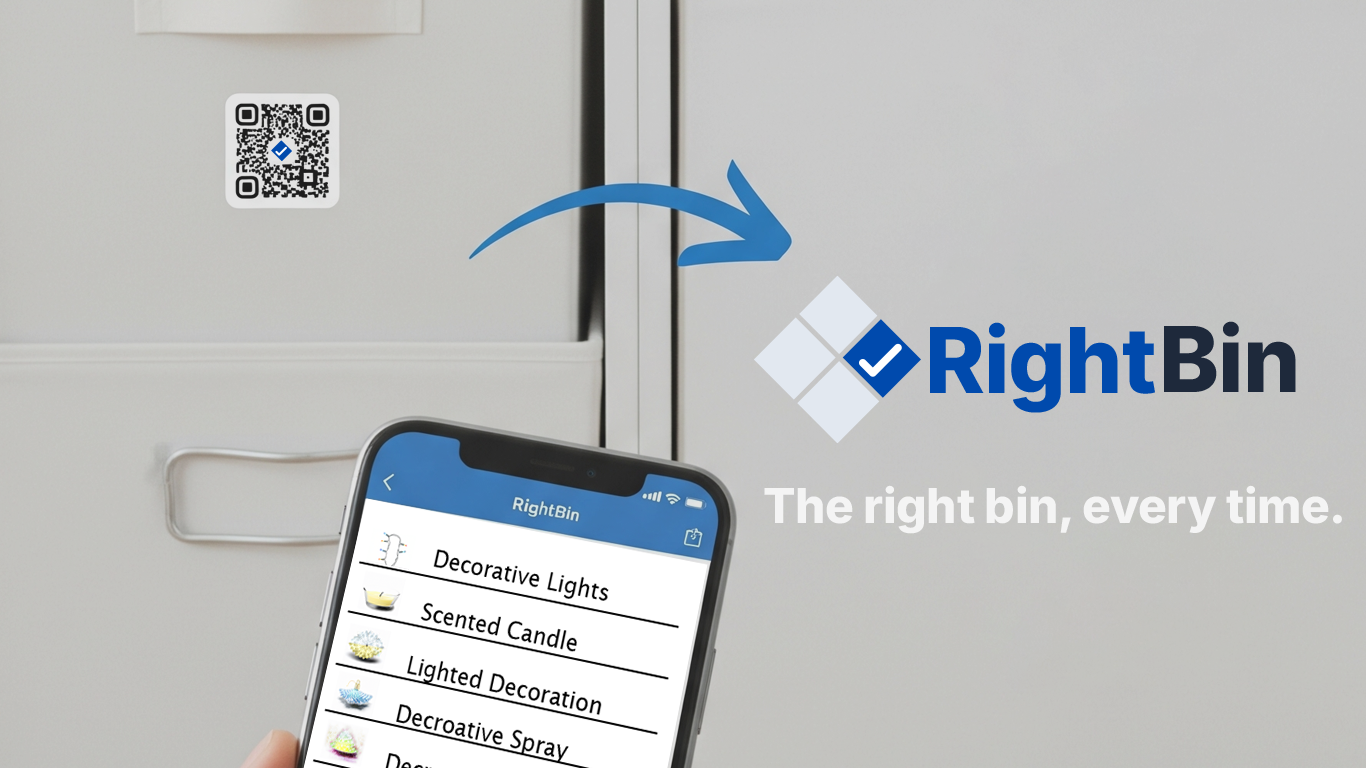 A phone displaying the RightBin home inventory app, pointing towards a storage bin with a QR code label.
